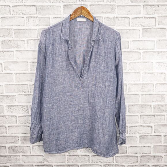 CP Shades Linen Kendall Vneck Blouse Blue Women's Small Made in USA - Picture 1 of 10